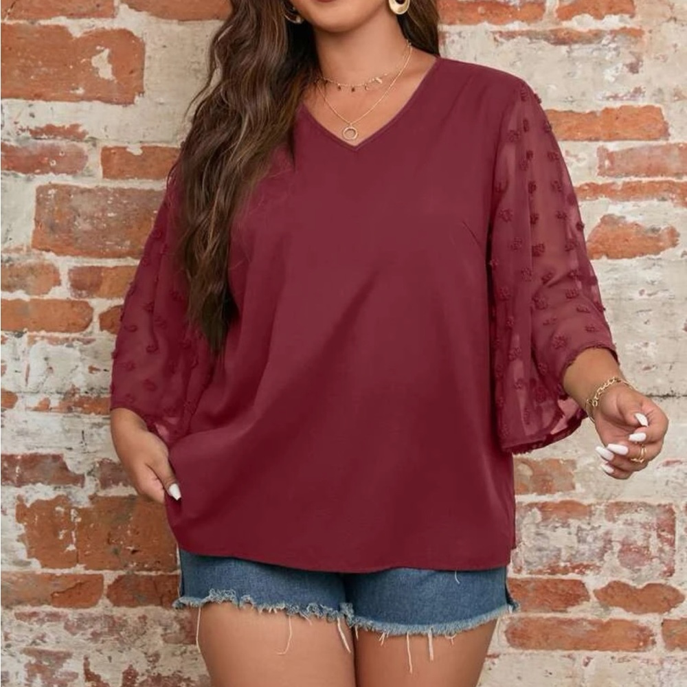 Plus size dusty pink Swiss dot sleeve V neck blouse - Picture 8 of 16